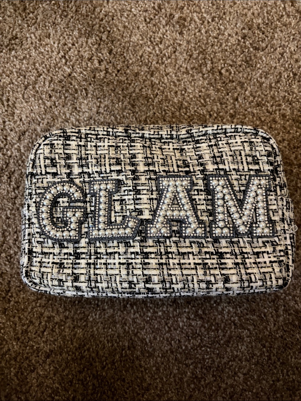 GLAM Tweed Cosmetic Pouch with Pearl Embellishment - Black & White
